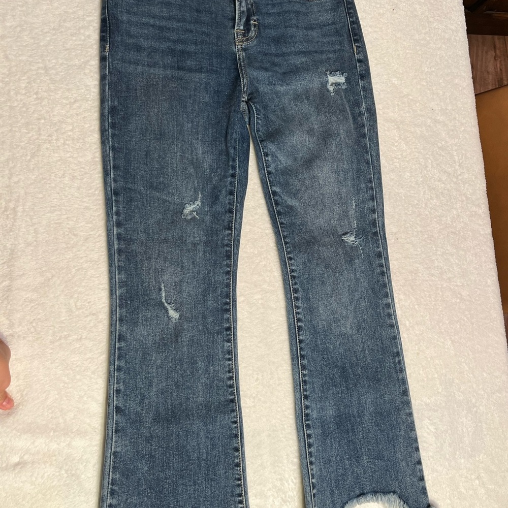 Women's Distressed Dark Blue Flare Jeans